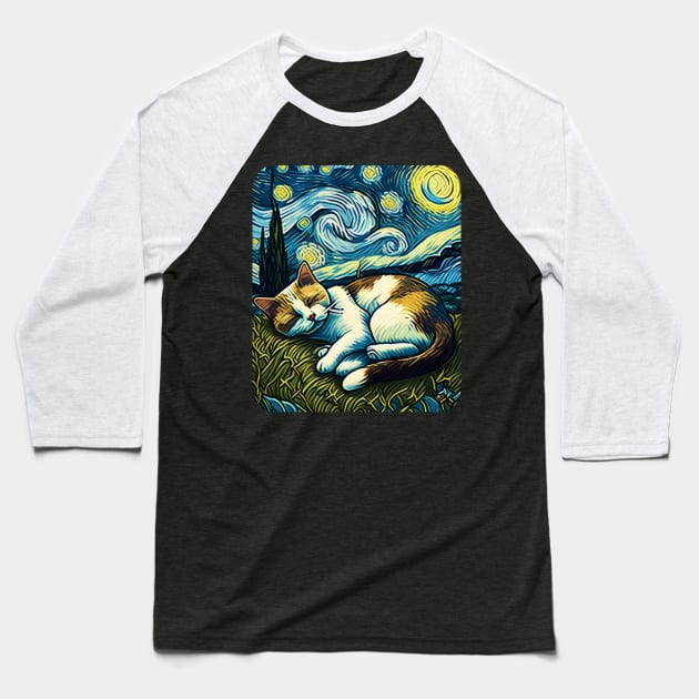 The Starry Night Cat - Vincent Van Gogh Baseball T-Shirt by Felix Rivera